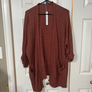 Cozy Rusty Brown Open-Front Crochet draped cardigan Sweater one size NWT